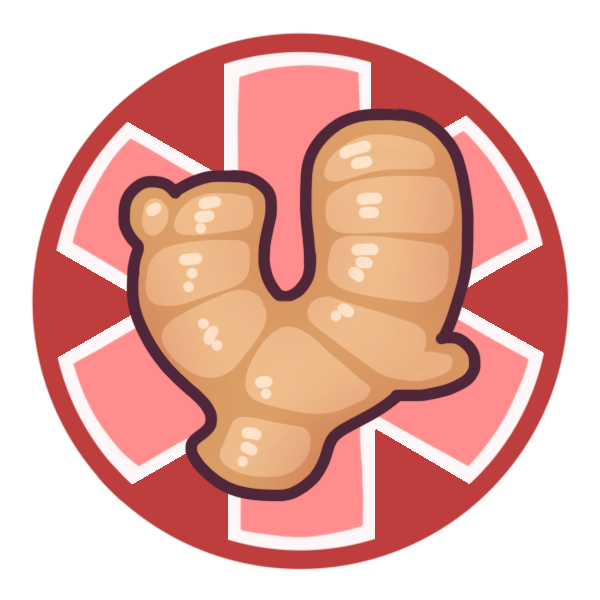 a red circle with a large medical alert asterisk inside it, and a ginger root pictured in the center.